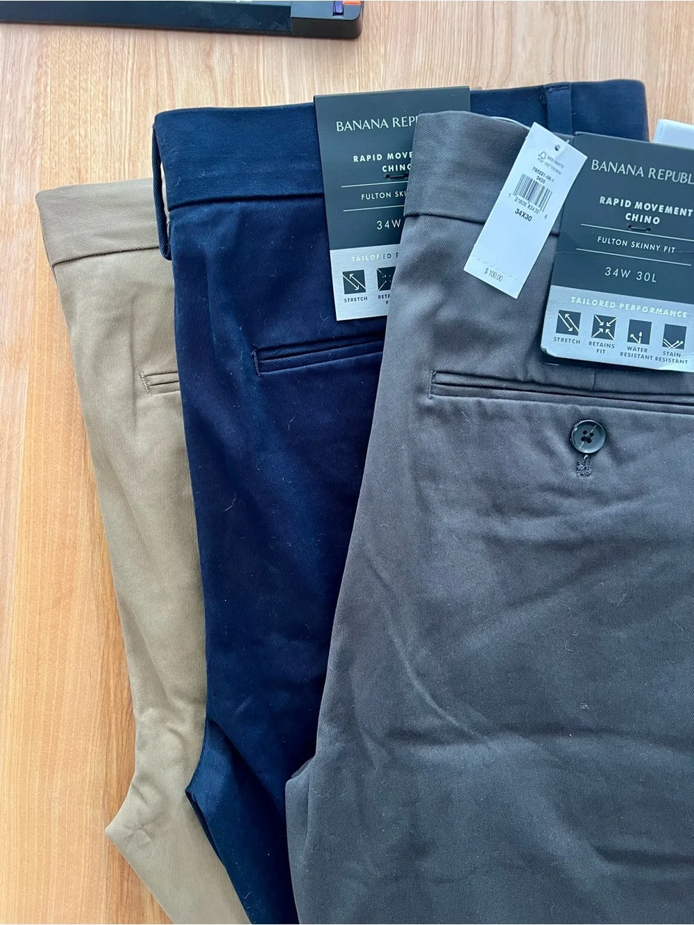 Banana Republic Rapid Movement Chinos Fulton skinny fit in Navy, Charcoal & Tan